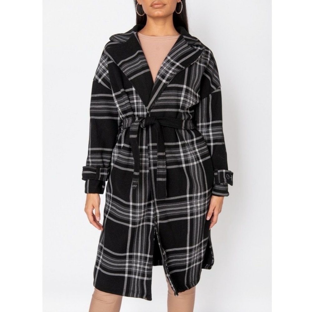 Black Plaid Check Wool Blend Long Sleeve Belted Lapel Collared Trench Coat - Picture 1 of 11